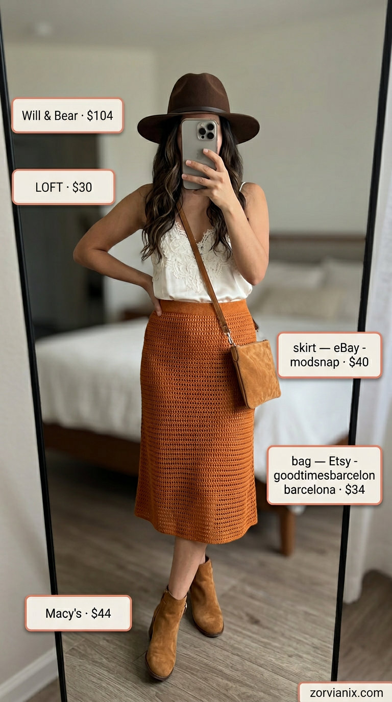 Desert sunset rust orange crochet midi skirt with cream satin camisole, suede boots & wide-brimmed hat. Summer crochet outfits for women for women 2026.