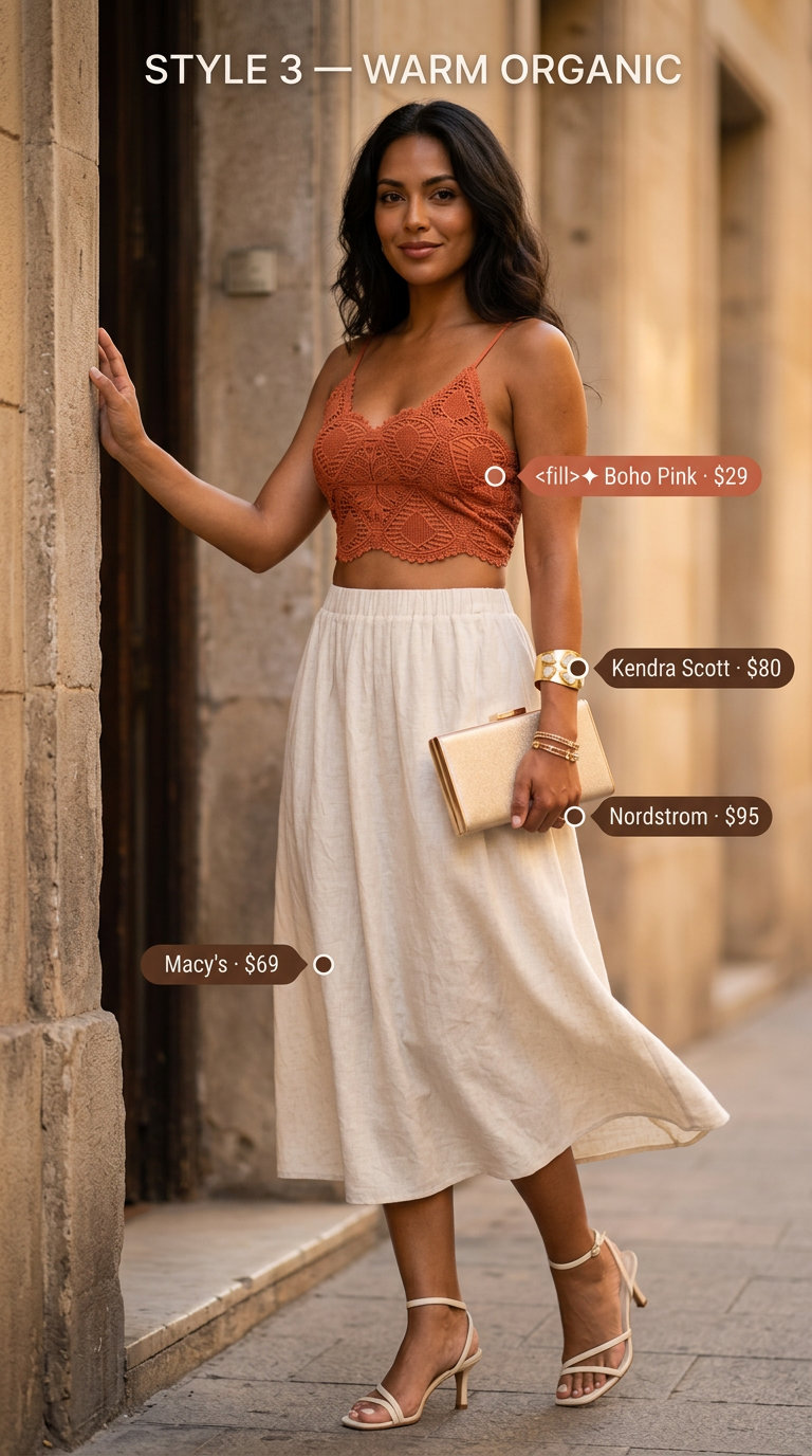 Terracotta crochet bralette top with cream satin heels. Summer crochet outfits for women for women 2026.