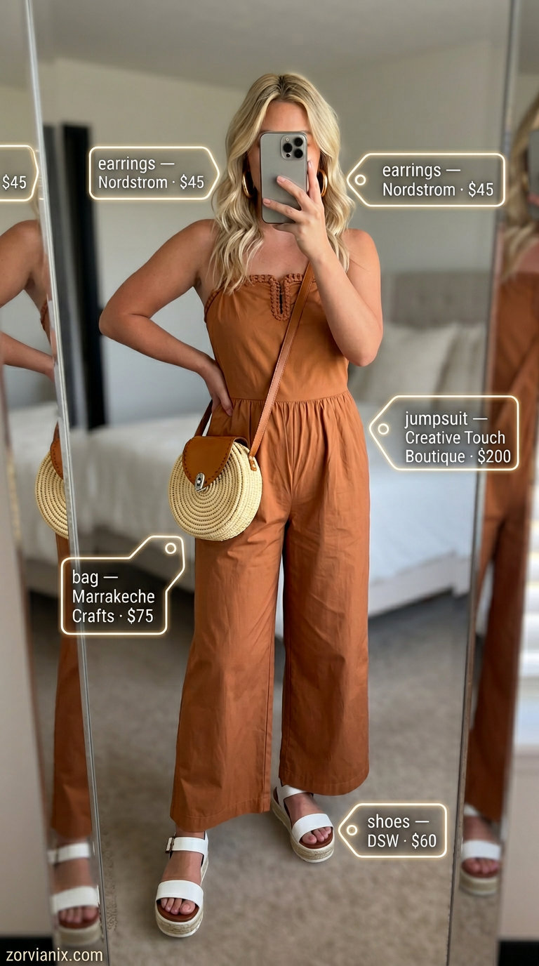 Terracotta crochet wide-leg jumpsuit with platform sandals. Summer crochet outfits for women for women 2026.