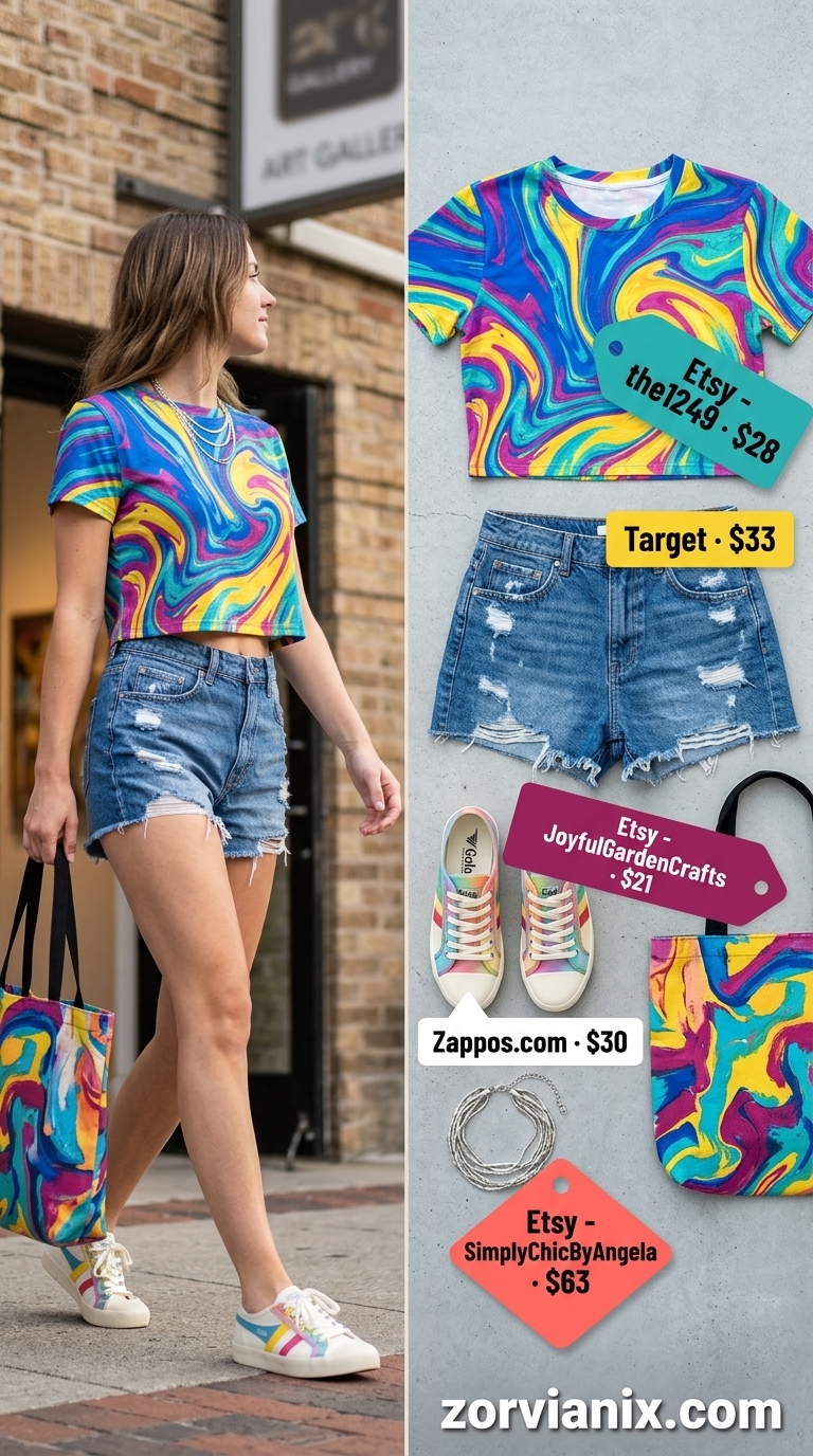 Graphic print crop tee with distressed denim shorts for summer outfits for women 2026. Art walk style.