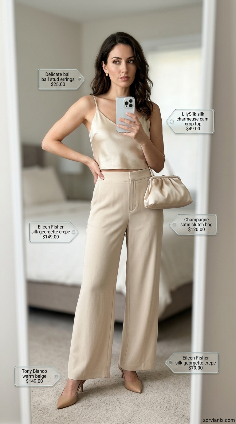 Champagne silk camisole crop top with beige silk trousers for summer outfits for women 2026. Evening elegance.