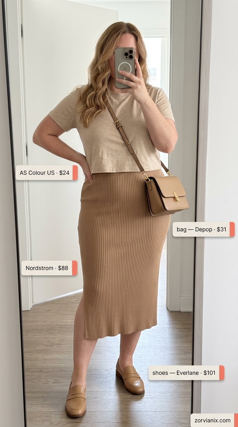 Beige cotton crop tee with black midi skirt for summer outfits for women 2026. Gallery visit style.