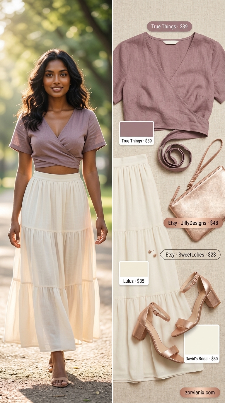 Lavender wrap crop blouse with tiered maxi skirt for summer outfits for women 2026. Garden party style.