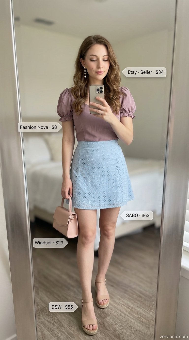 Light blue puff-sleeve crop top with white eyelet skirt for summer outfits for women 2026. Garden party style.