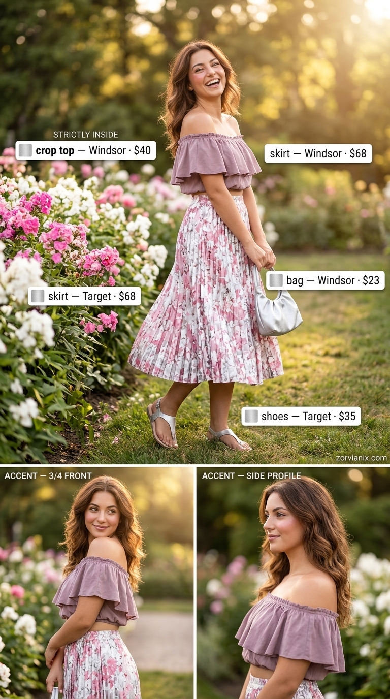 Pastel pink off-shoulder crop top with floral midi skirt for summer outfits for women 2026. Picnic style.