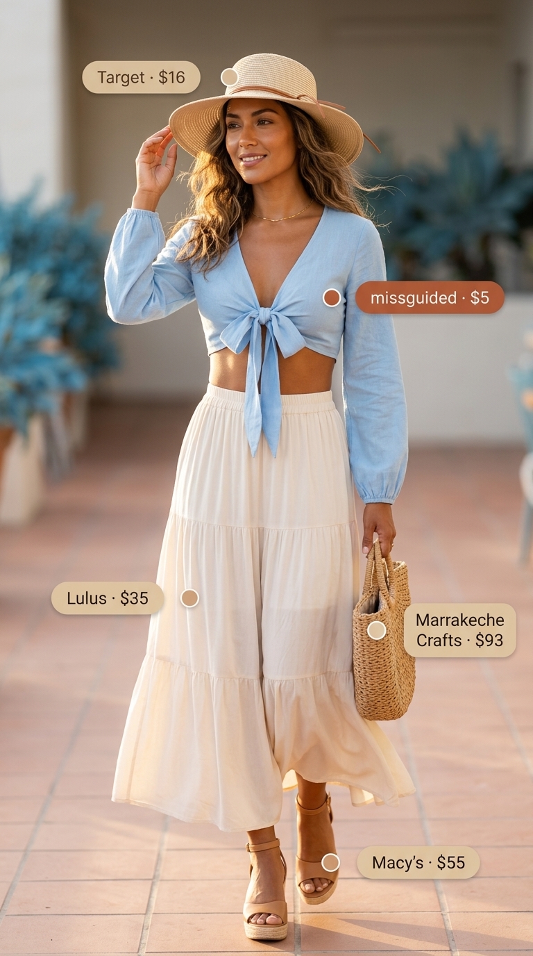 Sky blue tie-front crop top with flowy maxi skirt for summer outfits for women 2026. Resort wear.