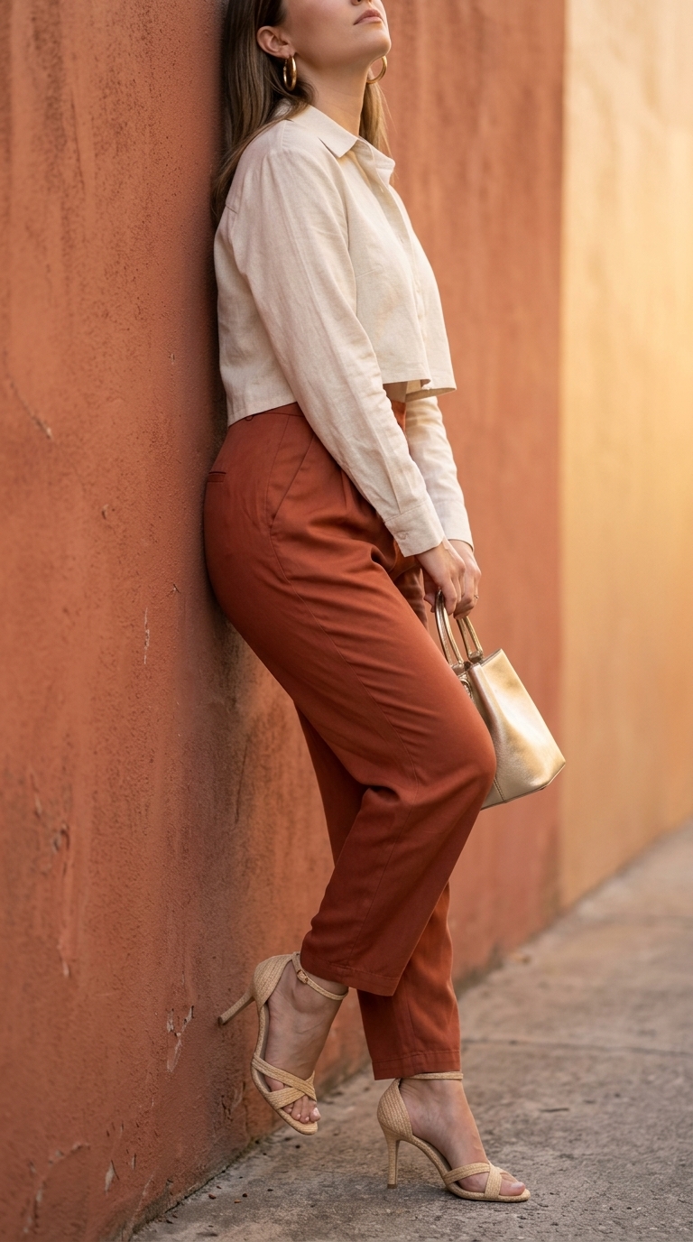 Terracotta wide-leg pants with cream crop top for summer outfits for women 2026. Elegant evening look.