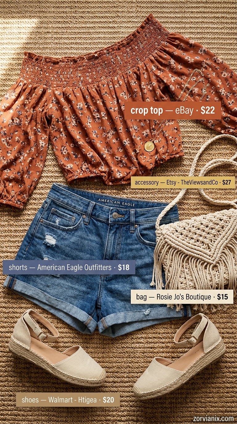 Terracotta floral off-shoulder crop top with distressed denim shorts for boho festival outfits 2026.