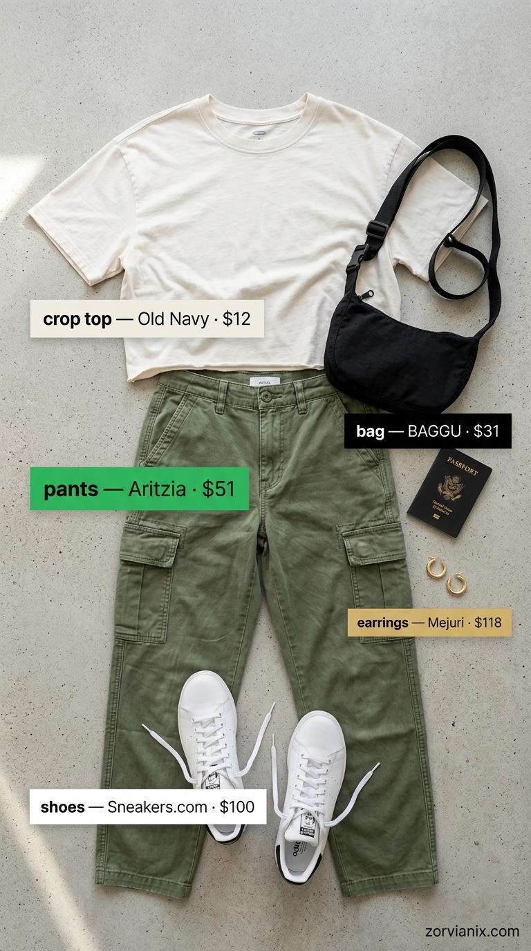 Olive green cargo pants with black basic crop tee for urban explorer outfits 2026.