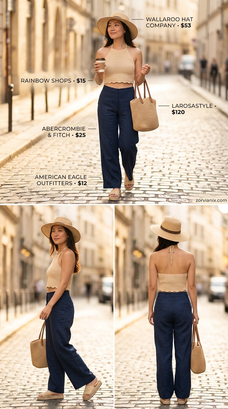 Navy crochet knit crop top with white flowy pants for Mediterranean escape outfits 2026.