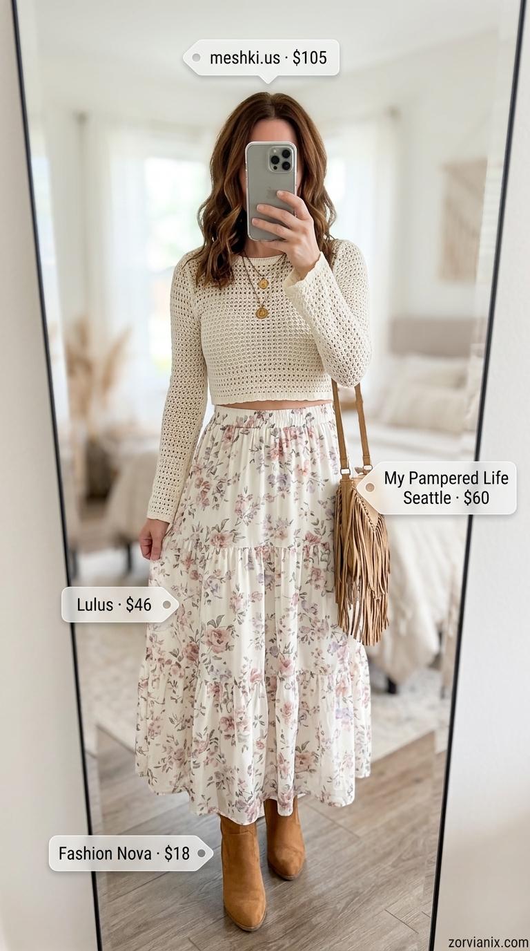 Boho summer crop top outfits for women 2026: Ecru crochet top with floral maxi skirt for festival style.
