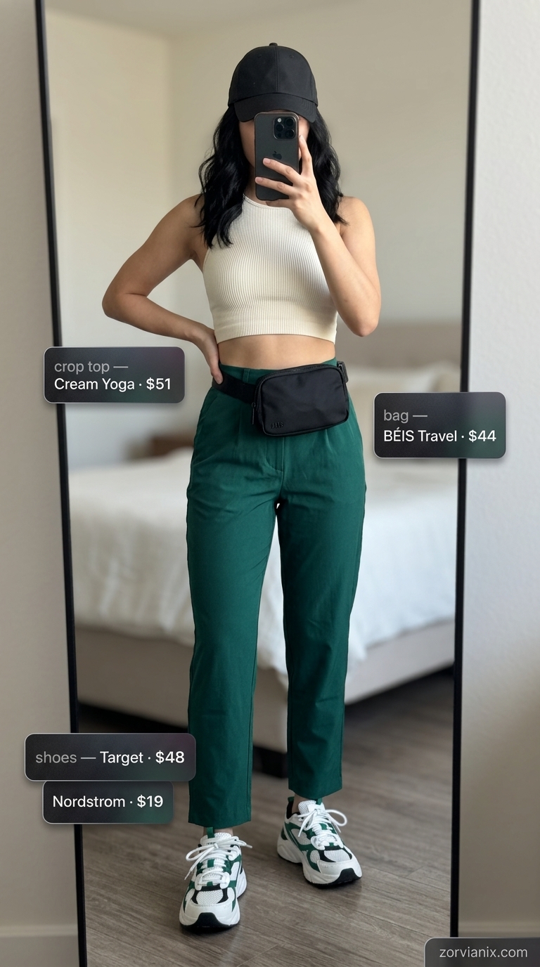 Sporty summer crop top outfits for women 2026: Emerald green bralette with black track pants for athleisure style.