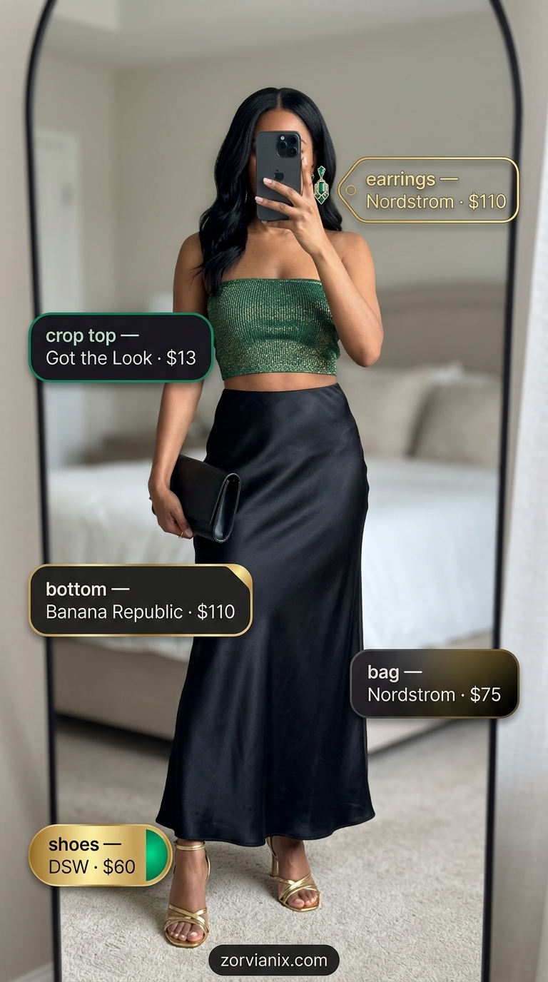 Emerald green satin maxi skirt with gold metallic crop top for resort dinner outfits 2026.