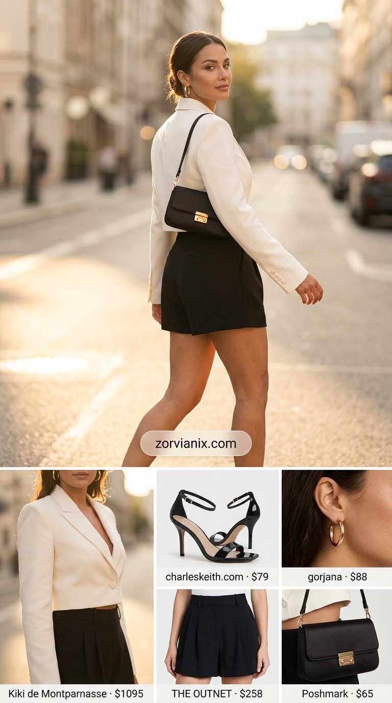 Chic summer crop top outfits for women 2026: Ivory linen blazer worn as top with black shorts for a summer soiree.