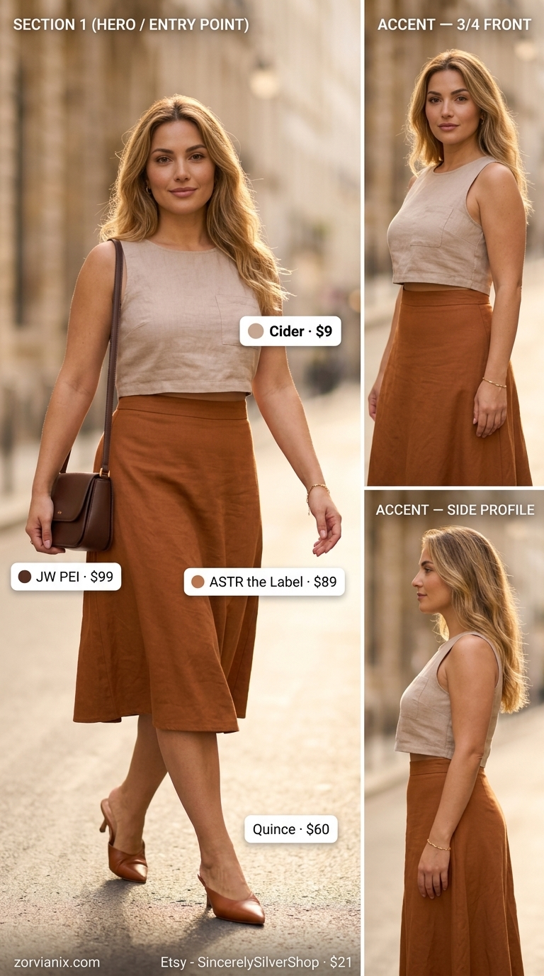Beige linen crop top with off-white midi skirt for effortless Parisian summer outfits 2026.