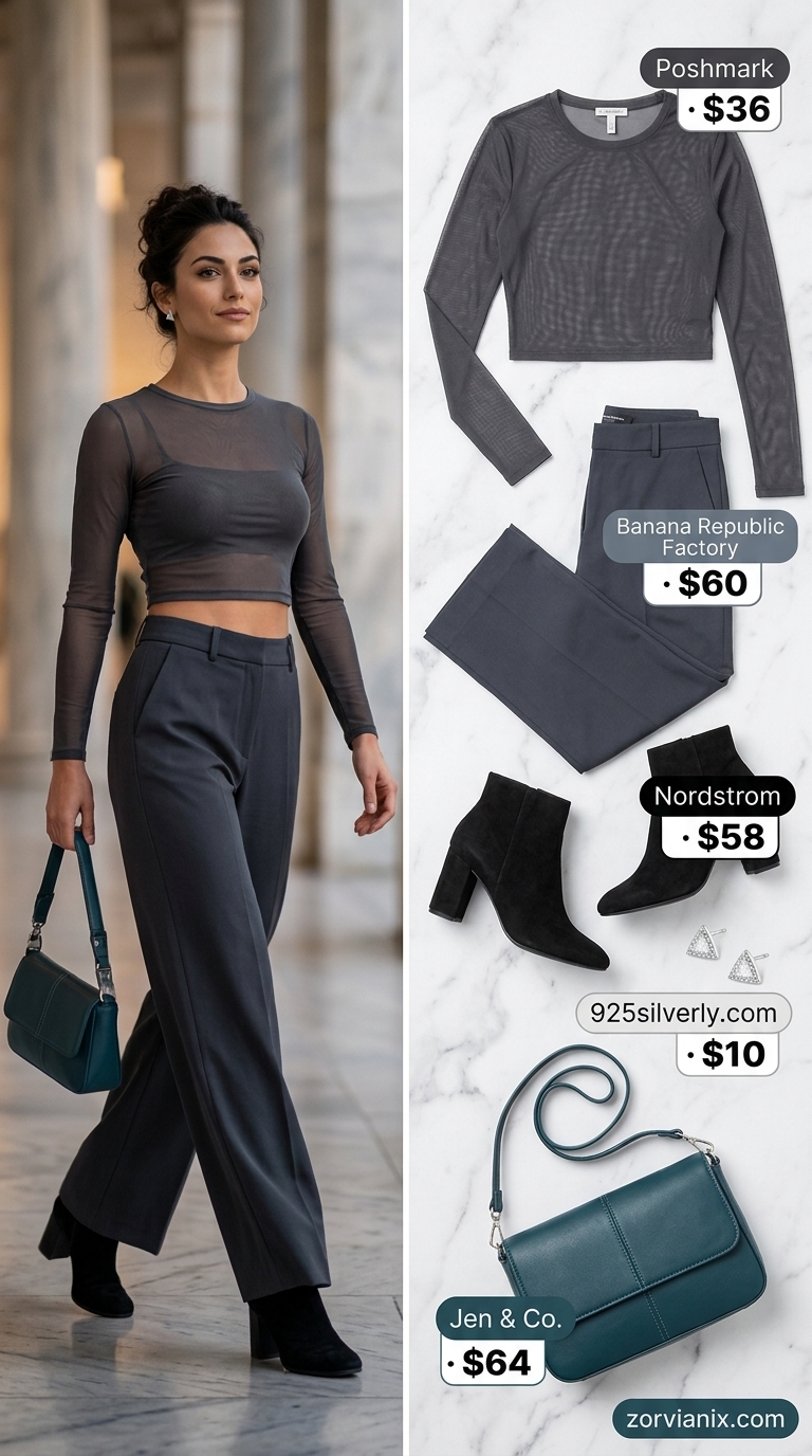 Charcoal grey sheer mesh crop top with black wide-leg trousers for gallery opening outfits 2026.