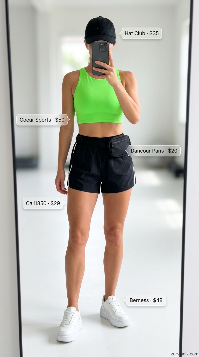 Bold summer crop top outfits for women 2026: Neon green athletic crop tee with black track shorts for street style.