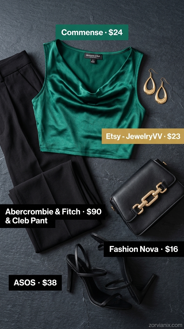 Emerald green satin cowl neck crop top with black wide-leg trousers for date night outfits 2026.