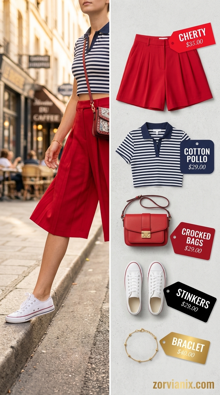Playful navy and white striped crop polo with red shorts for weekend getaway outfits 2026.