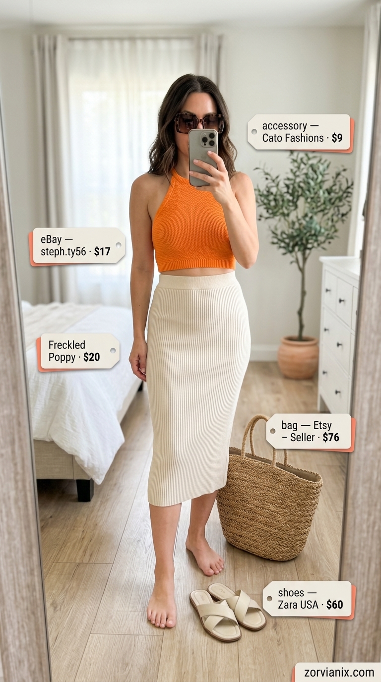 Glamorous summer crop top outfits for women 2026: Tangerine halter crop top with matching midi skirt for vacation.