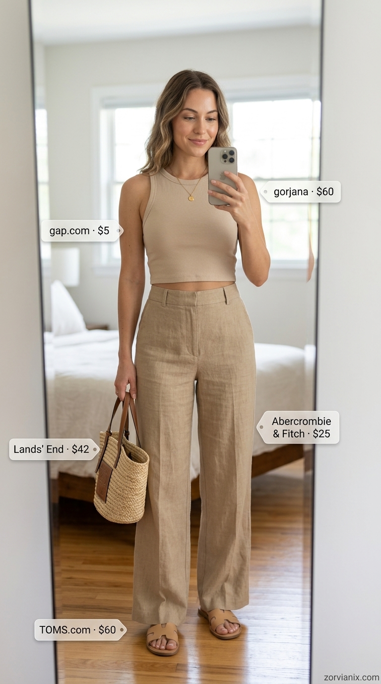 Effortless summer crop top outfits for women 2026: White ribbed tank with sand linen pants for a boardwalk look.