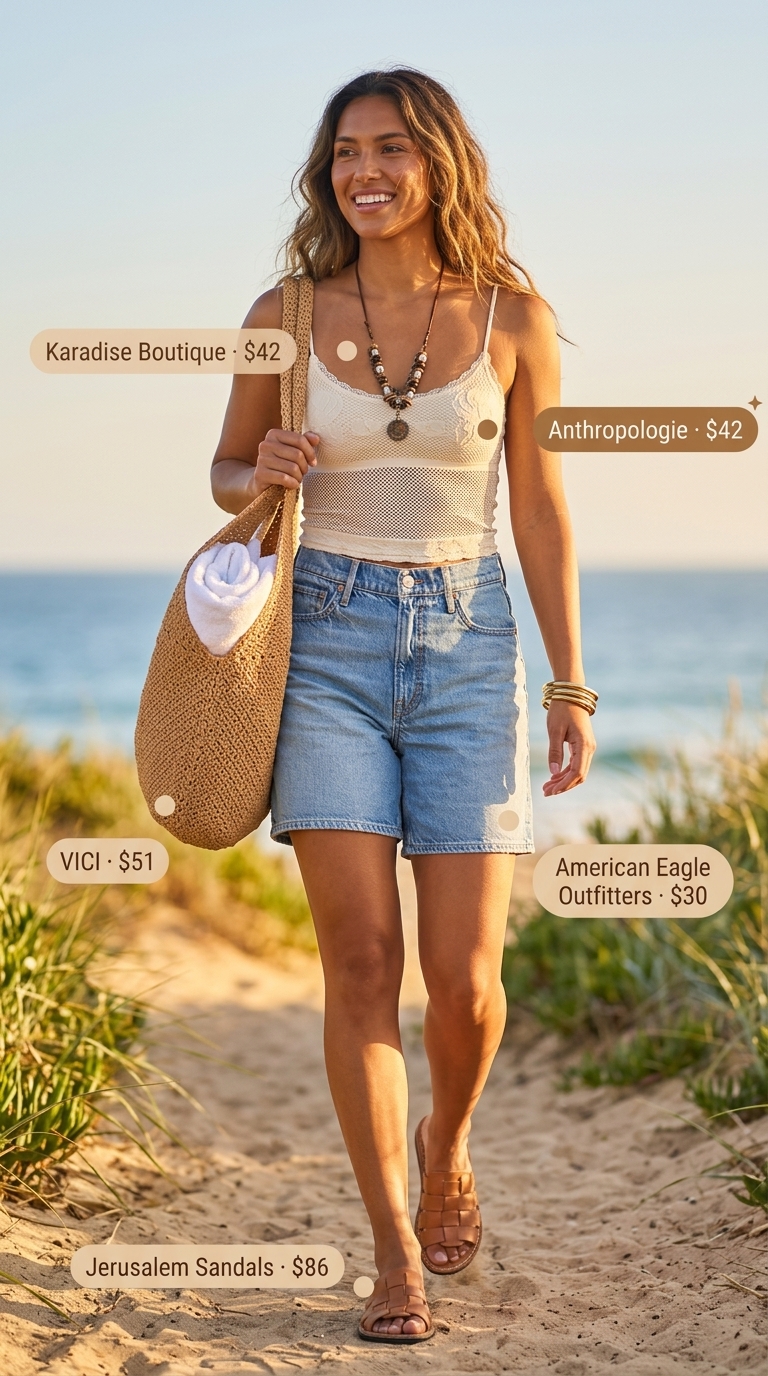 Boho summer denim shorts for women 2026 outfit with crochet top, layered necklaces, and straw tote.