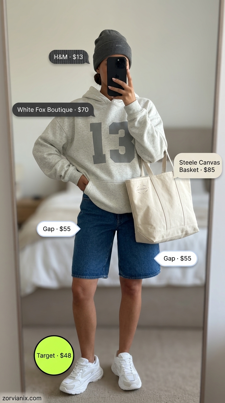 Casual summer denim shorts for women 2026 outfit with grey graphic hoodie, white sneakers, and canvas tote.
