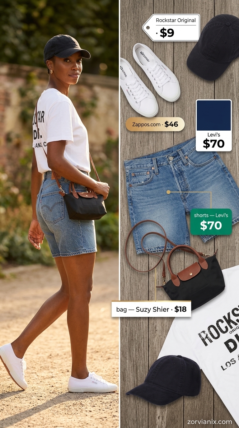 Classic summer denim shorts for women 2026 outfit with graphic tee, canvas sneakers, and black crossbody bag.