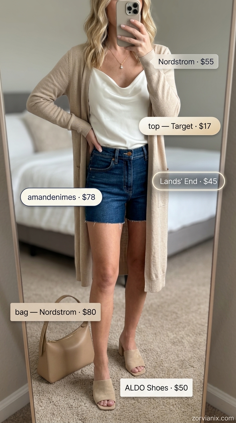 Elegant summer denim shorts for women 2026 outfit with camisole, cardigan, heeled mules, and shoulder bag.
