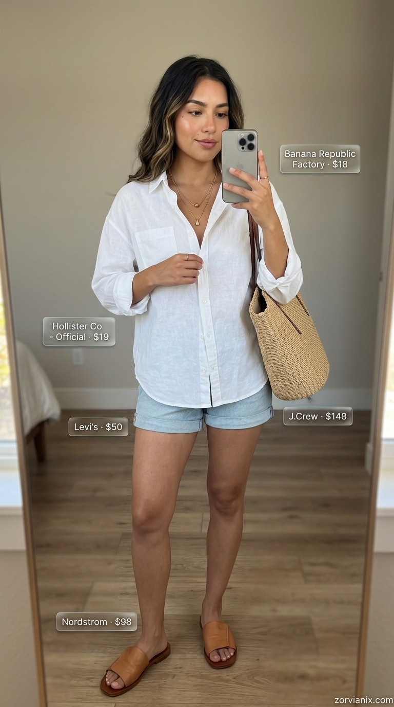 Summer denim shorts for women 2026: Coastal breeze outfit with relaxed denim shorts, linen shirt, straw tote, and flat slides.