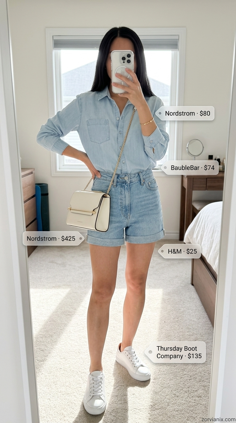 Summer denim shorts for women 2026: Denim on denim outfit with tailored shorts, chambray shirt, and white sneakers.
