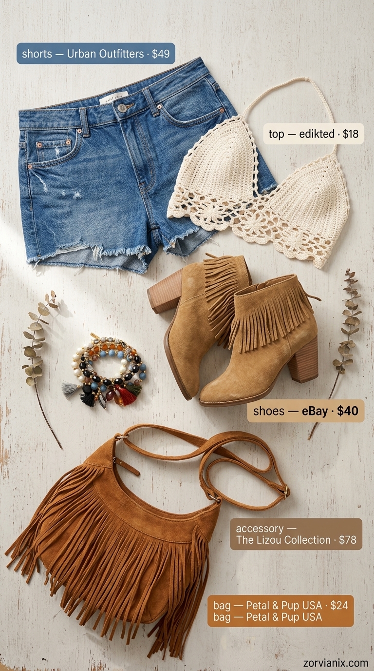 Summer denim shorts for women 2026: Festival ready outfit with distressed denim shorts, crochet top, suede boots, and fringe bag.