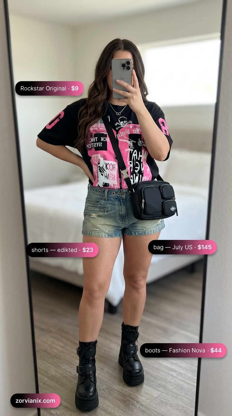 Edgy summer denim shorts for women 2026 outfit with ripped shorts, band tee, combat boots, and crossbody bag.