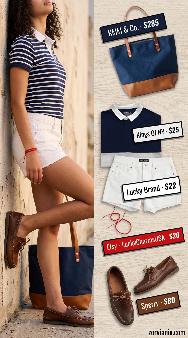 Playful preppy summer outfit with crisp white denim shorts for women 2026 and a striped polo shirt.