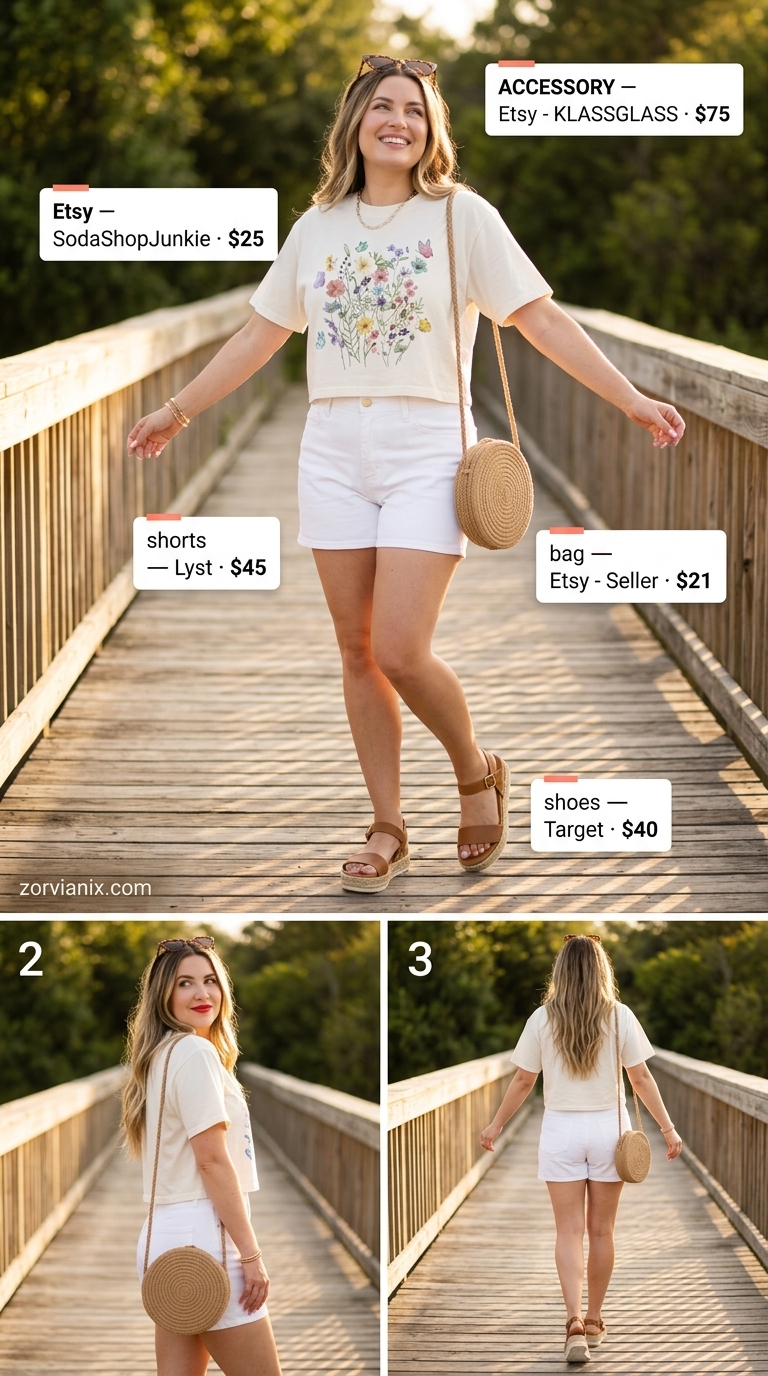 Retro beach babe outfit with white denim shorts for women 2026, floral tee, and straw bag.