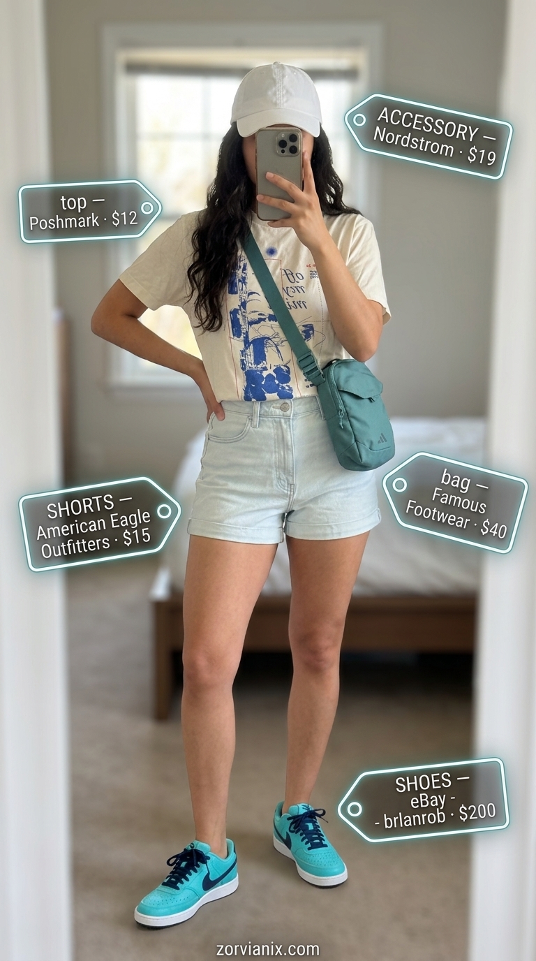 Retro sporty outfit with light blue denim shorts for women 2026, graphic tee, baseball cap, and crossbody bag.