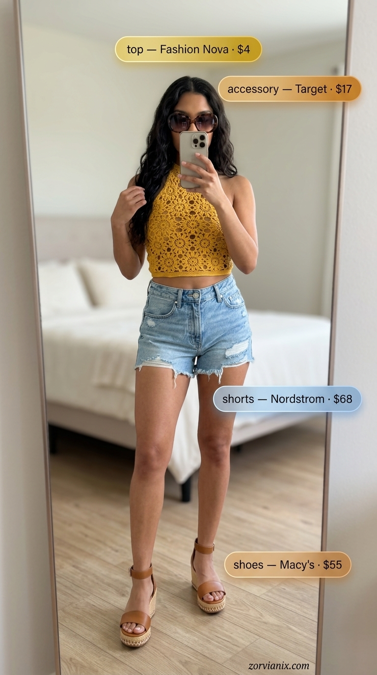 Retro summer vibes outfit with medium wash denim shorts for women 2026, mustard crochet top, and espadrilles.