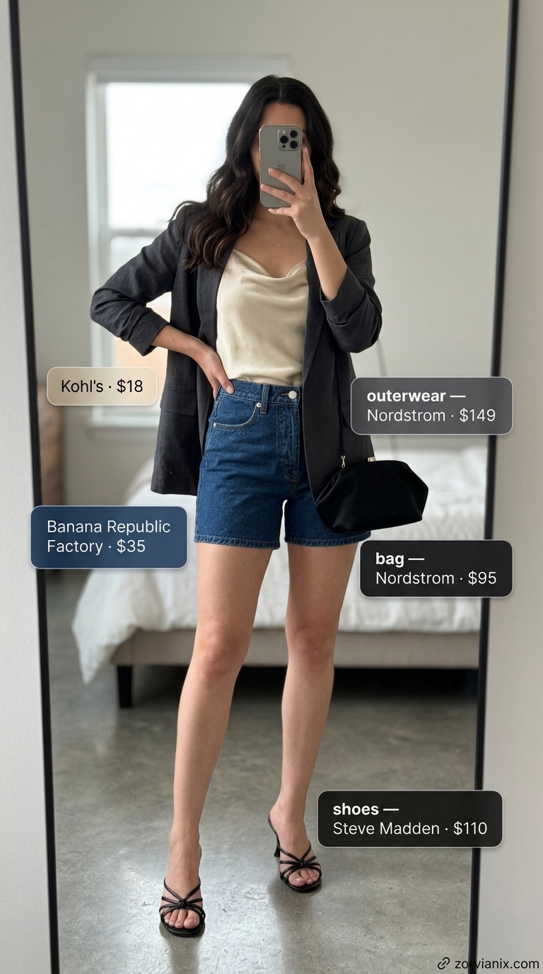 Chic summer denim shorts for women 2026 outfit for evening with blazer, satin cami, and heeled sandals.