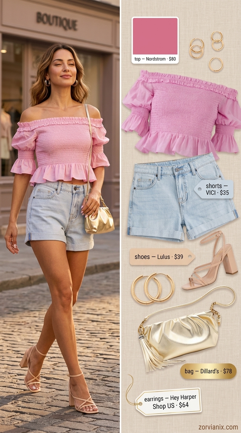 Feminine summer denim shorts for women 2026 outfit with off-the-shoulder blouse, heeled sandals, and gold hoops.