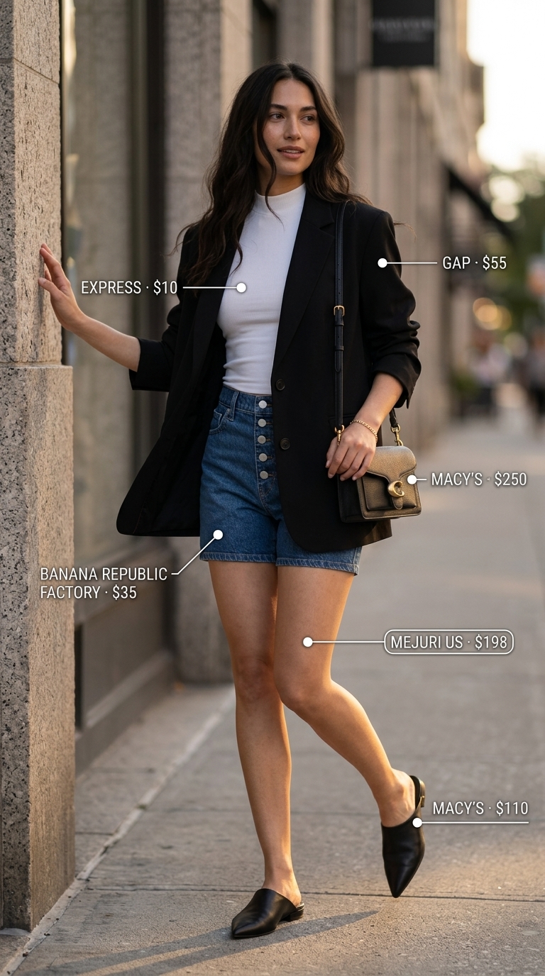 Summer denim shorts for women 2026: Urban explorer chic outfit with tailored denim shorts, blazer, mock neck top, and leather mules.