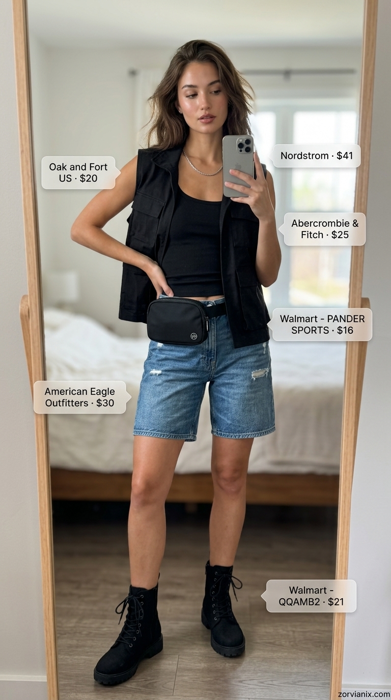 Urban explorer chic outfit featuring medium wash denim shorts for women 2026, utility vest, and combat boots.