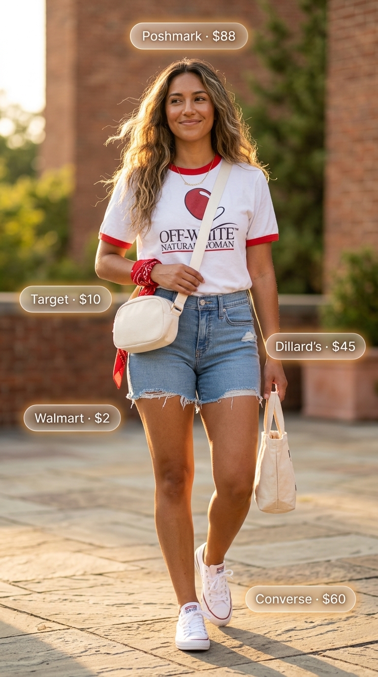 Vintage Americana summer denim shorts for women 2026 outfit with graphic tee, bandana, and canvas belt bag.
