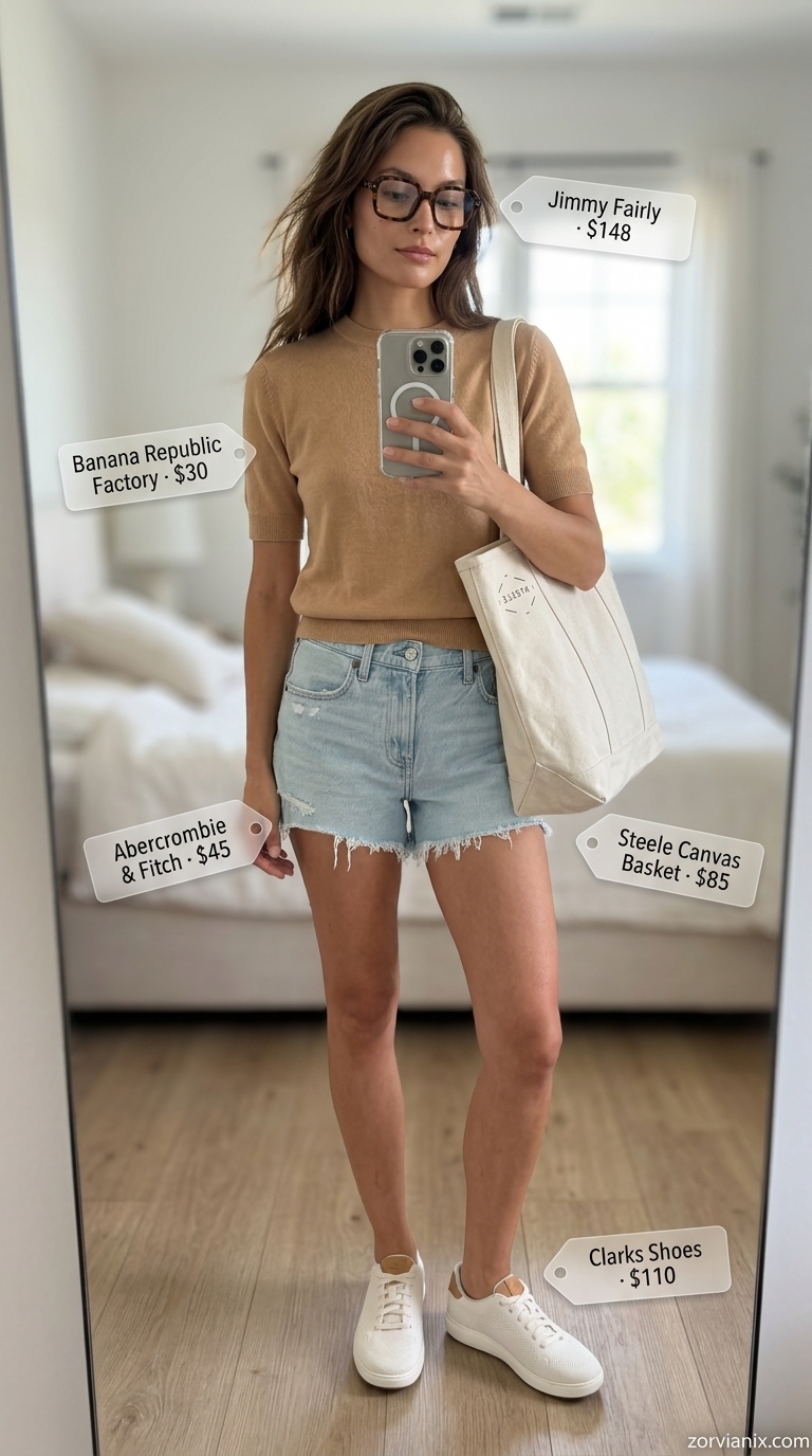 Comfortable summer denim shorts for women 2026 outfit for travel with knit top, sneakers, and canvas tote.