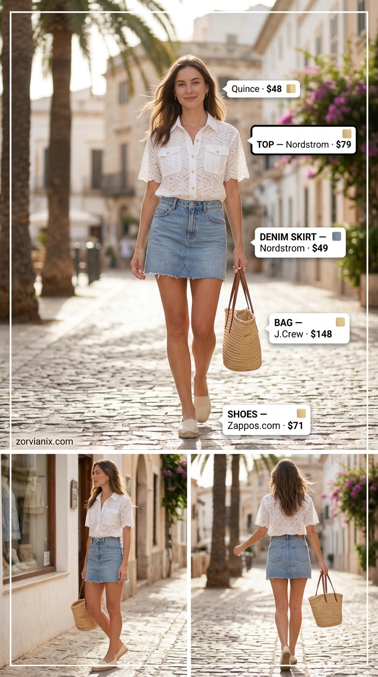 Breezy farmer's market outfit with a light wash denim skirt, eyelet blouse, and straw tote for 2026.
