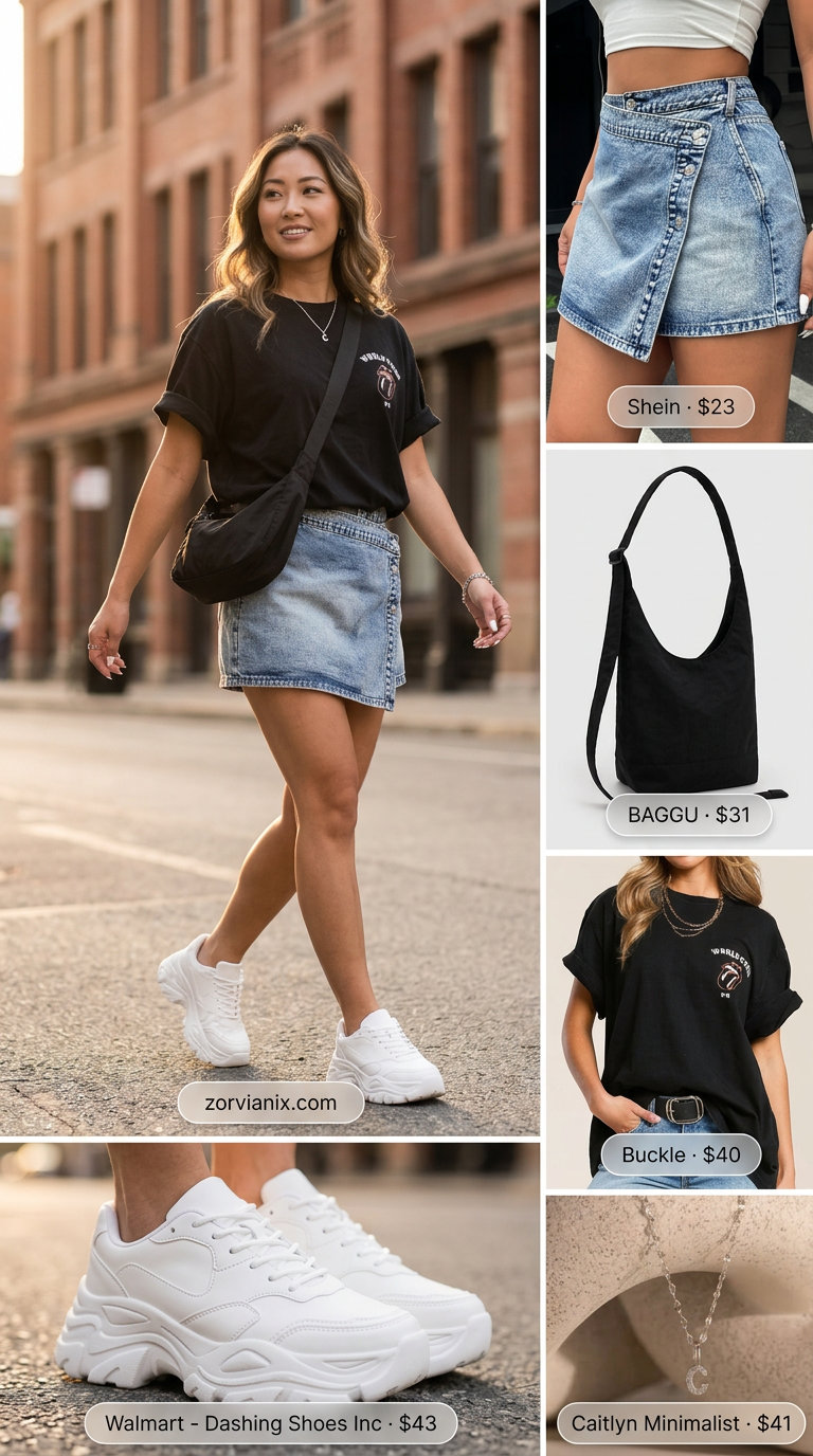 Cool girl off-duty look with a light wash denim skirt, band tee, and platform sneakers for 2026.