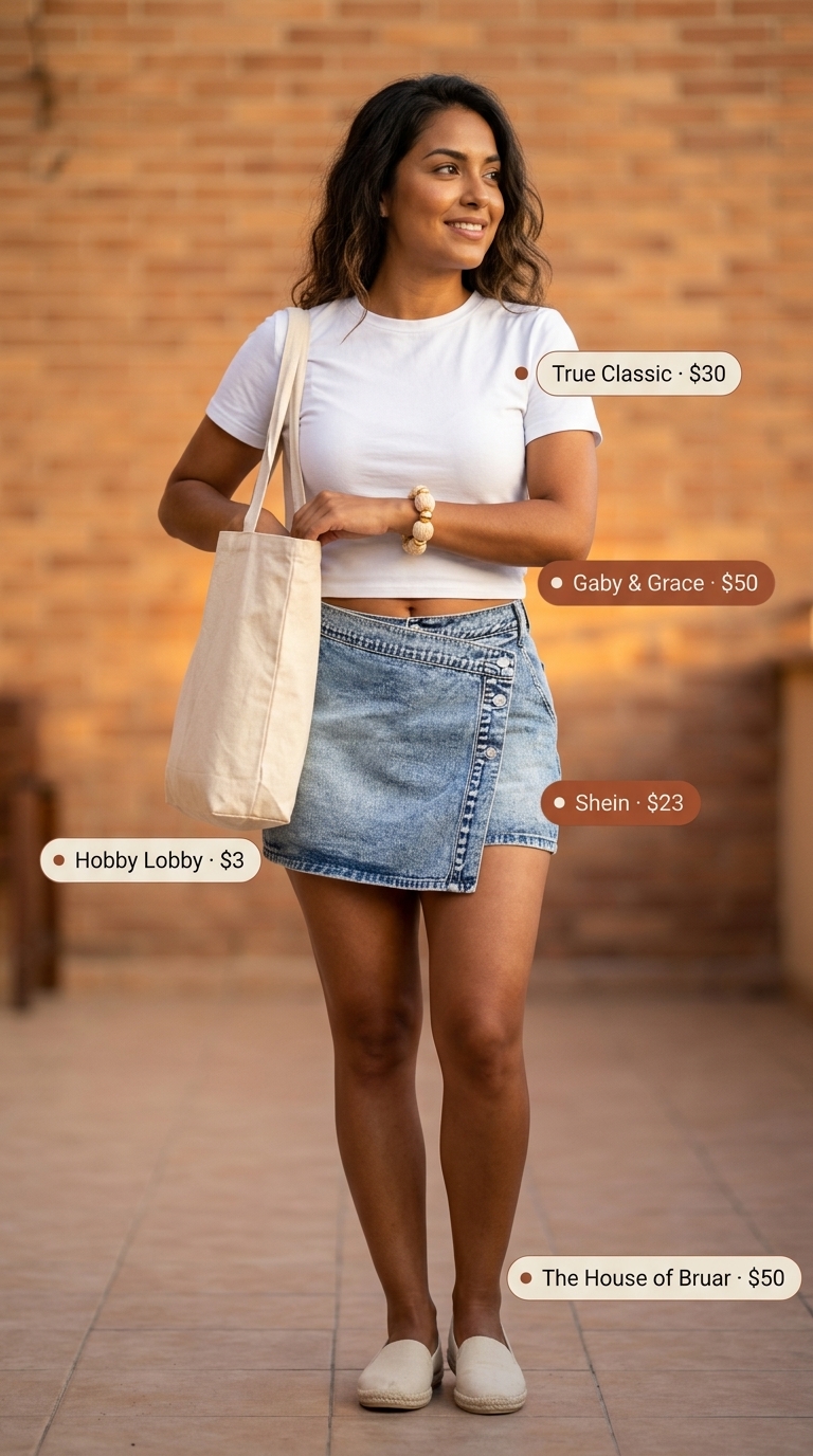 Sweet picnic outfit with a denim skirt, white tee, espadrilles, and canvas tote for summer 2026.