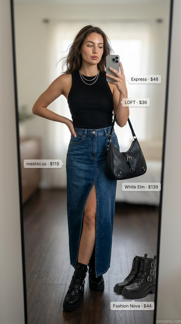 Bohemian summer evening outfit with a maxi denim skirt, ribbed tank, and combat boots for 2026.