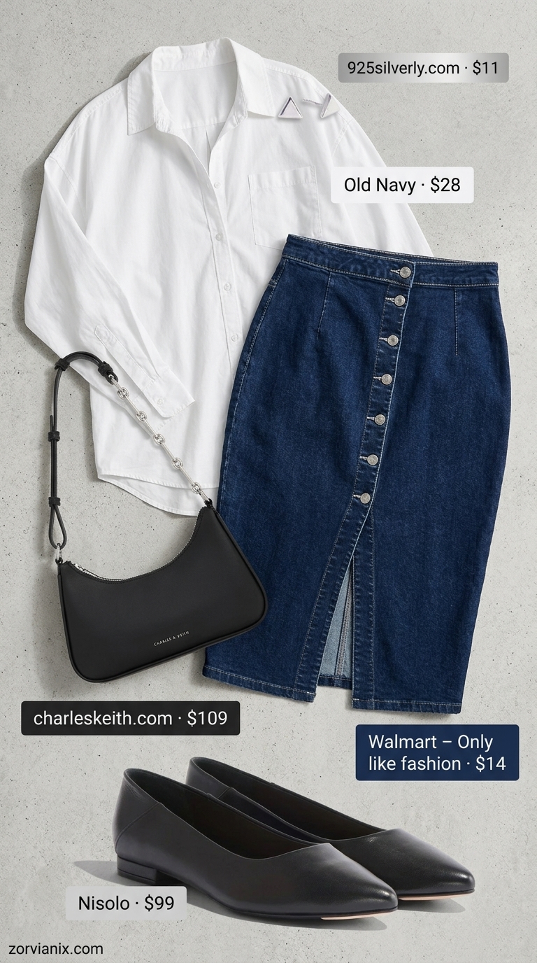 Modern minimalist outfit with a denim skirt, oversized white shirt, and black flats for 2026.