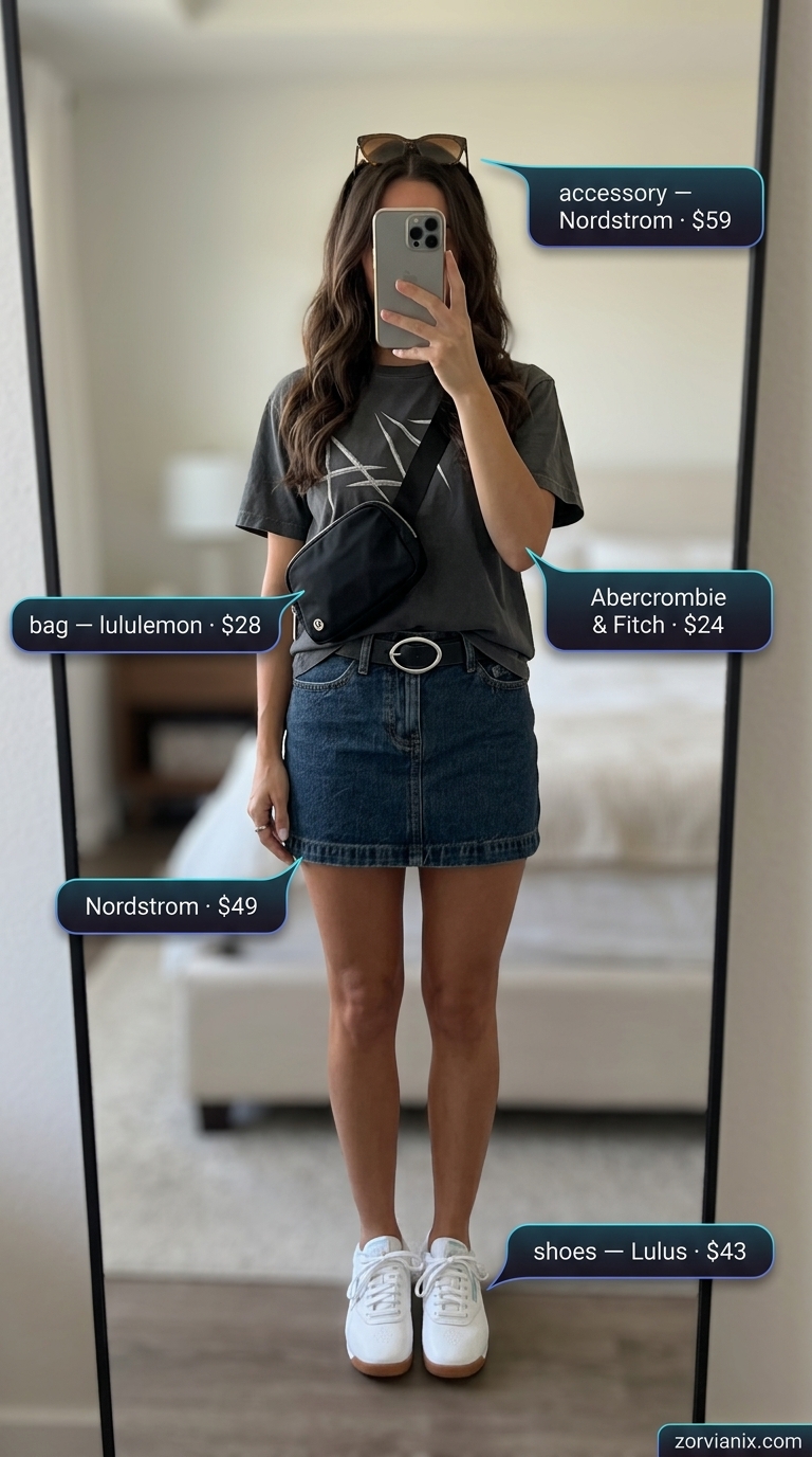 Weekend getaway outfit featuring a denim skirt, graphic tee, belt bag, and sneakers for travel in 2026.