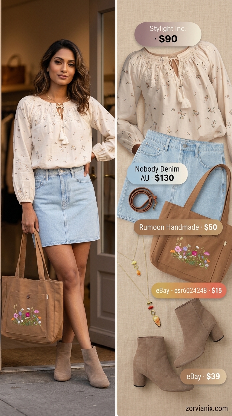 Bohemian summer denim skirt outfit with peasant blouse, suede boots, and embroidered bag.